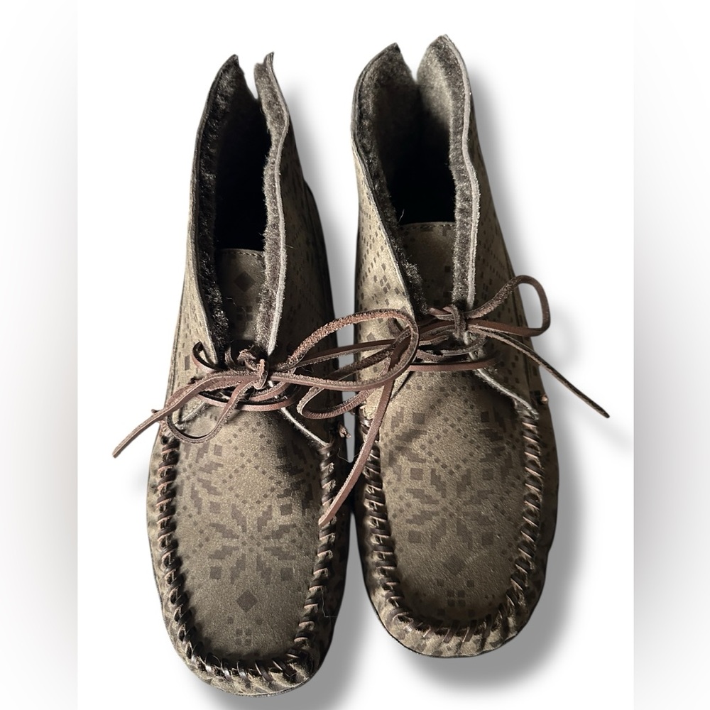 Frye Morgan SZ 11 Women Chukka Green Tan Khaki Suede Leather Moccasin Shoes